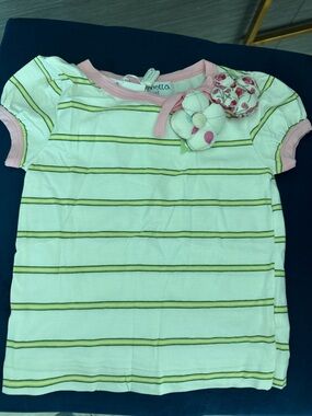 Simonetta White Top with Green Stripes and Pink Trim